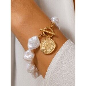 Baroque Freshwater Pearl Coin Charm Toggle Bracelet Gold Chunky Statement lux